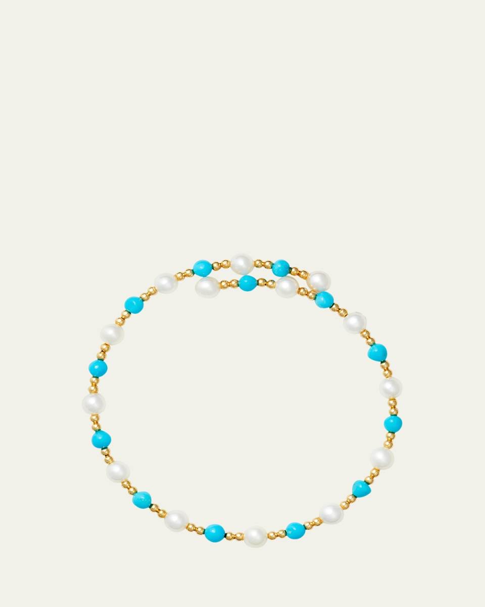 18K Yellow Gold Carmel Multi Turquoise and Mini Pearl Beaded Bracelet